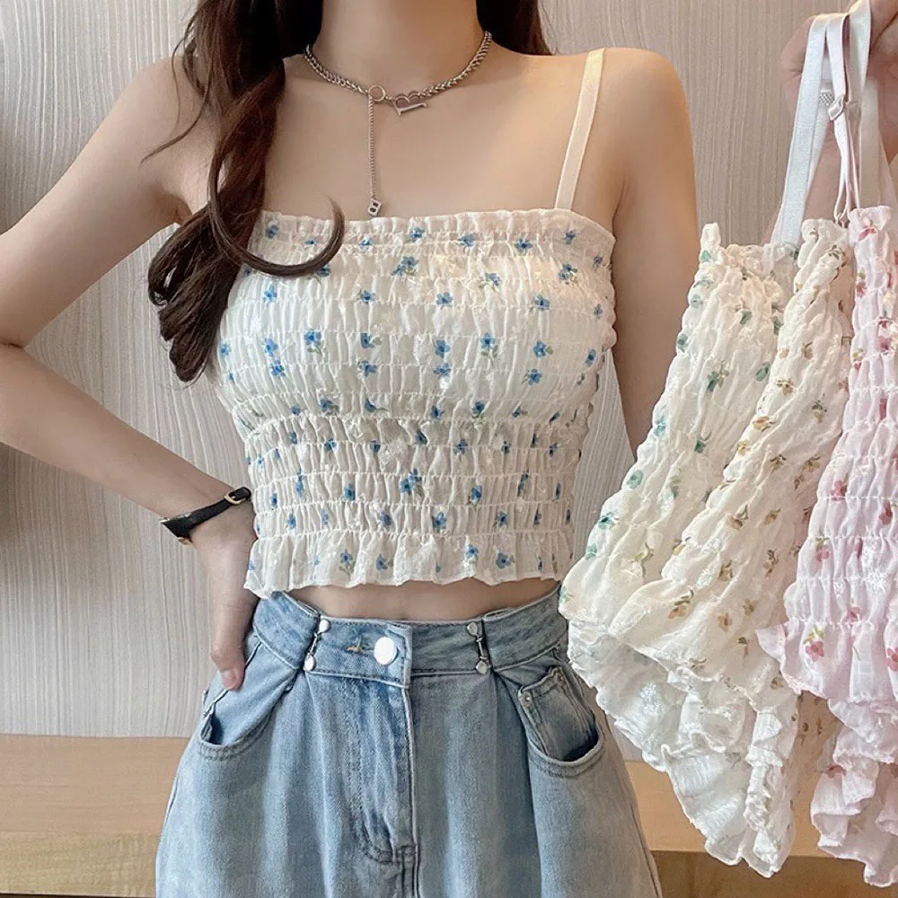 Sweet Floral Printed Tank Tops For Women White Camisole With Built In Bra Sleeveless Vest Adjustable Spaghetti Strap Cropped Top