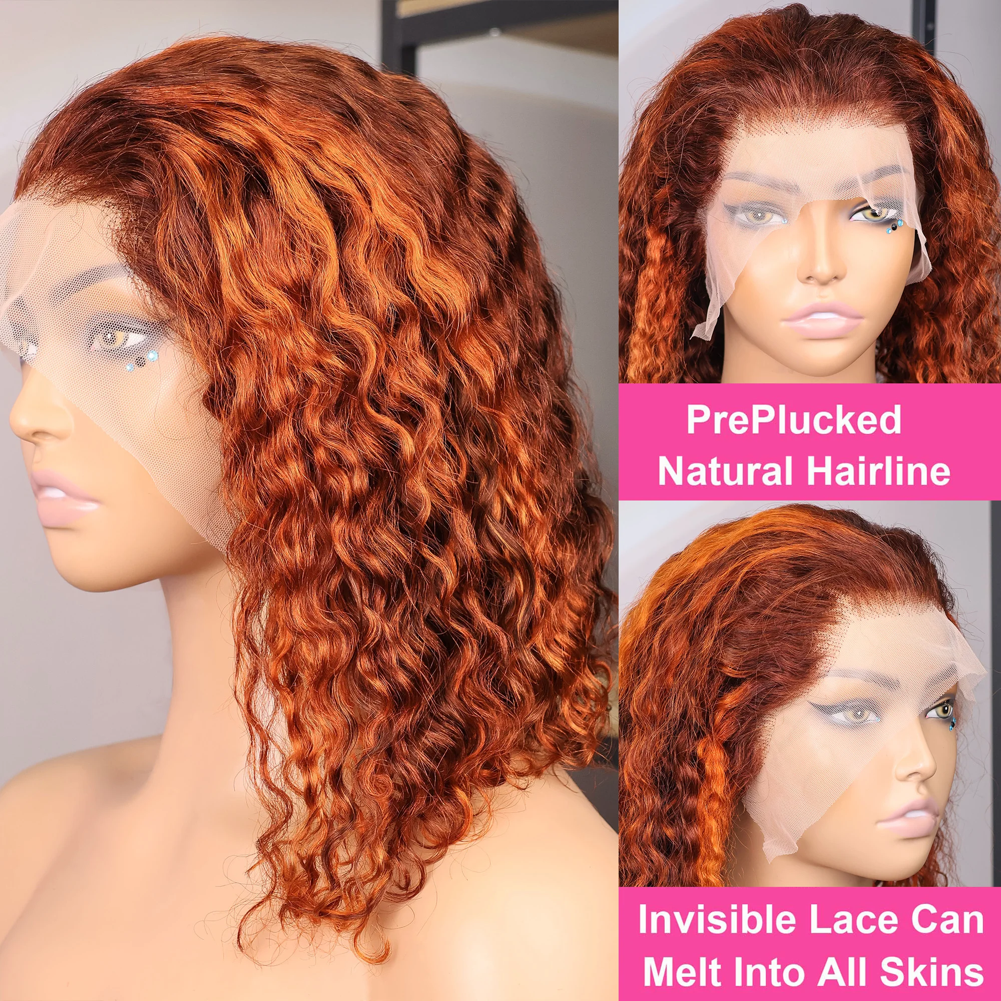 4/350 تسليط الضوء على اللون قصير بوب الباروكات موجة المياه 13x4 الدانتيل الباروكات الأمامية البرازيلي الشعر البشري عميق مجعد الباروكات أومبير الزنجبيل اللون