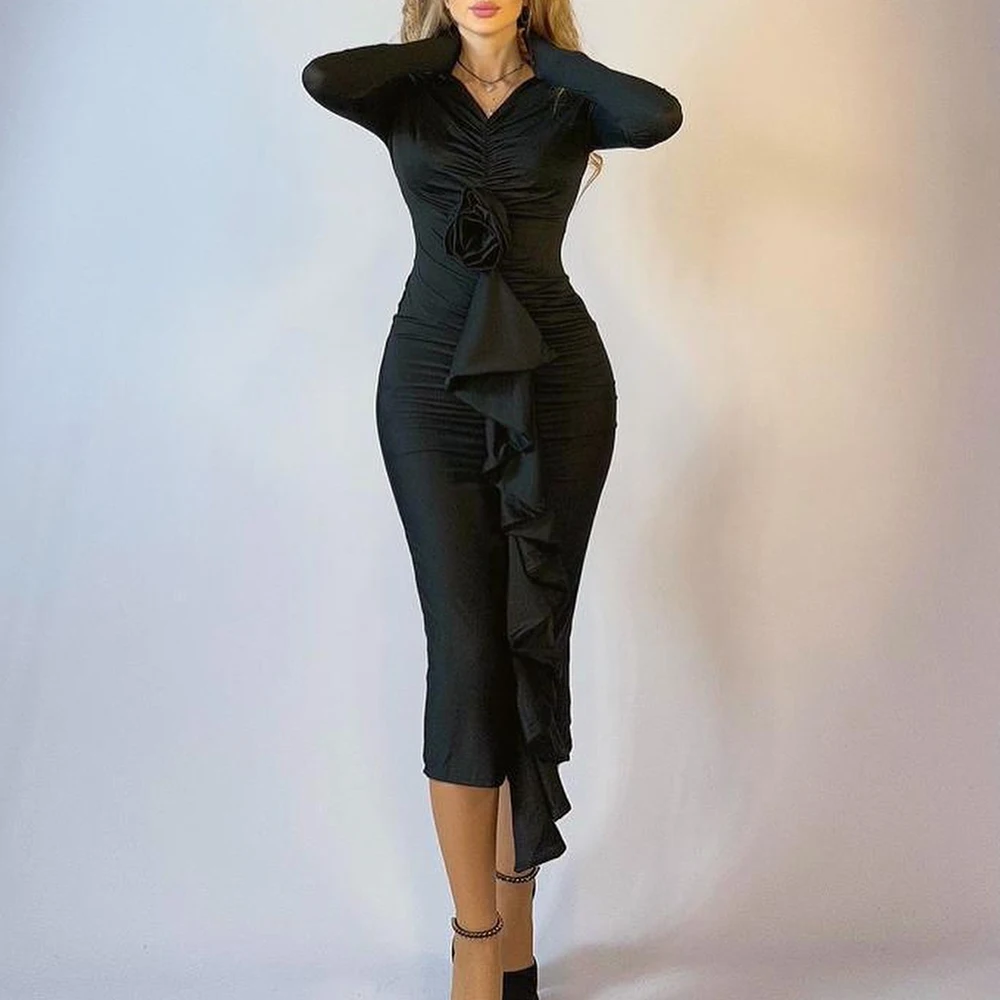 Robe en jersey à manches longues et col en V pour femmes, robe formelle élégante, robe droite moderne, couleur unie, longueur de thé, taille personnalisée, luxe, document noir