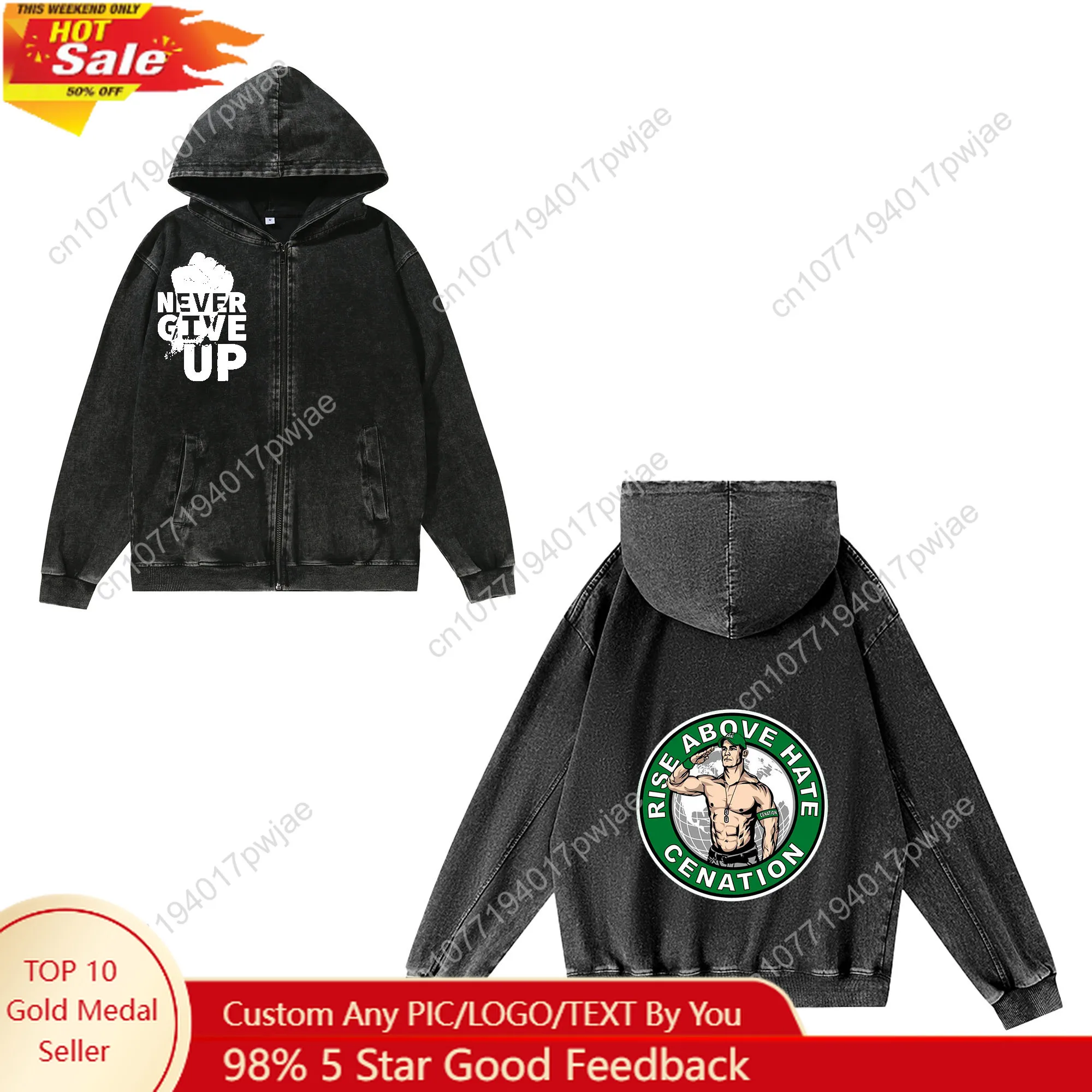 

John Cena 20 Years Never Give Zipper Sweatshirt Man Woman Vintage Hoodies Sweat Shirt With Pocket Full Customized Jacket Tops
