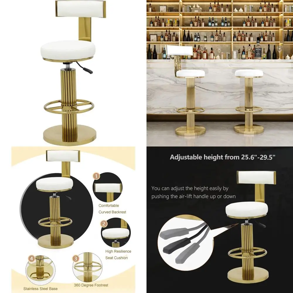 مقاعد بار دوارة حديثة قابلة للتعديل مع مسند ظهر، طراز Funrolux، لمسة نهائية من الفولاذ المقاوم للصدأ باللون الذهبي المصقول