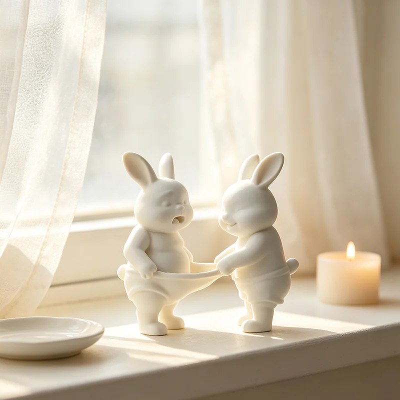 3D Printed Matte White Funny Bunnies Figurine Playful Pulling Underwear Rabbit Sculpture Minimalist Cute Animal Statue