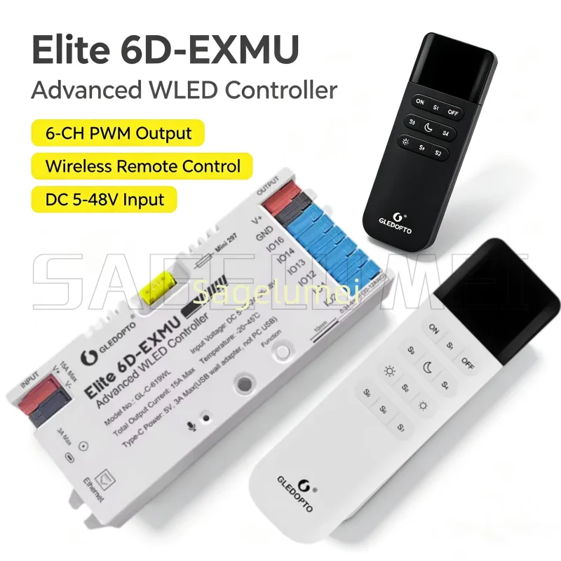 Elite 6-Channel LED Strip Controller WLED Controller GLEDOPTO Ethernet Mic Relay Support Home Assistant Music Sync 15A DC5-48V