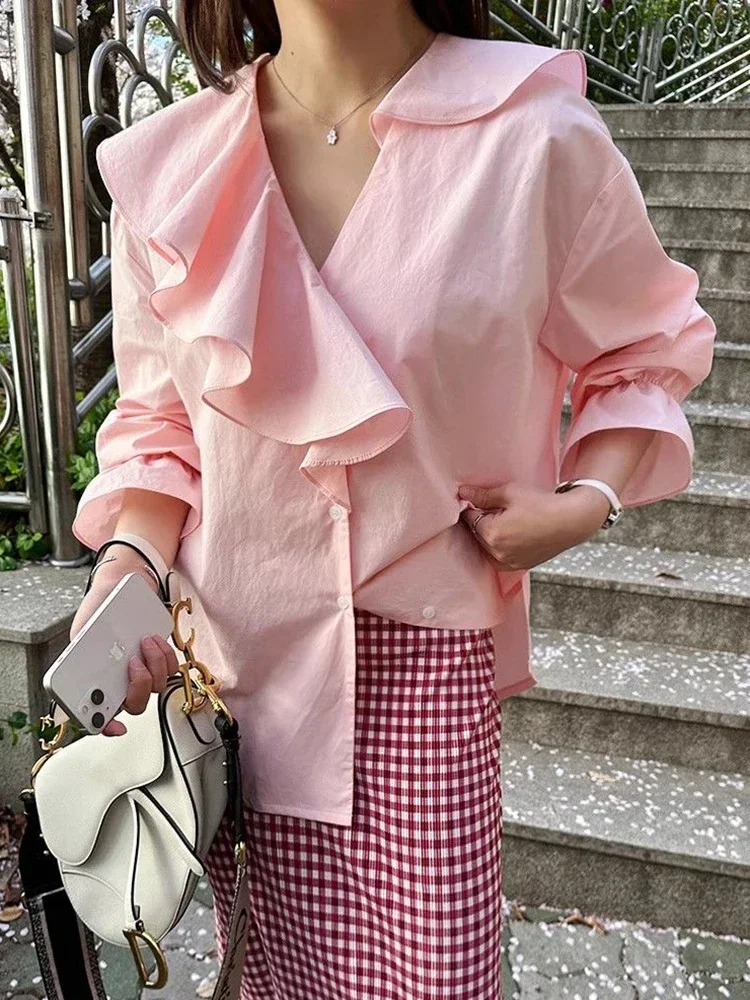 Elegant Sweet Ruffles Korean Camisas Mujer Design V Neck Blouse Fashion Long Sleeve Spring Preppy Style Female Shirts Top Kawaii