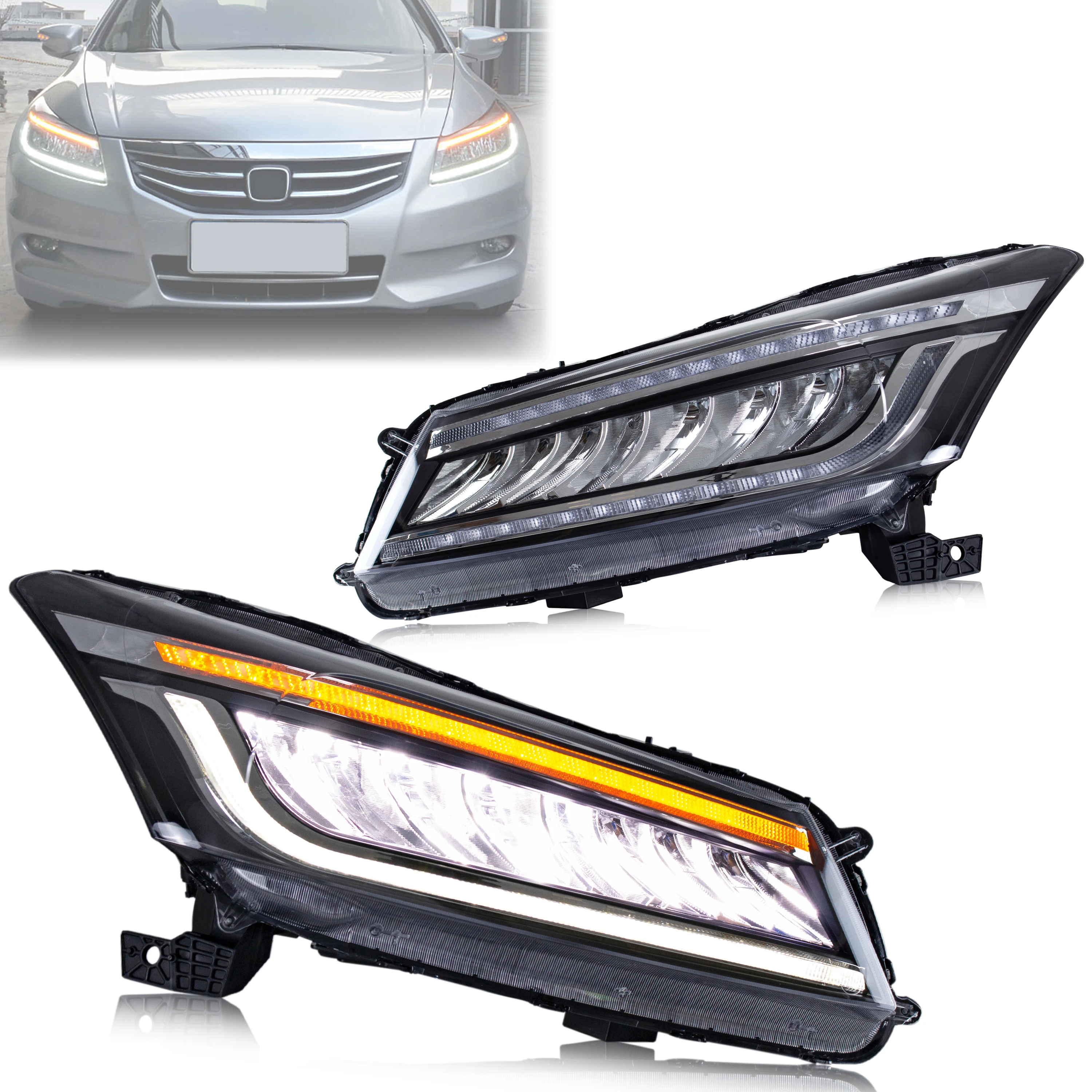 LED Full Headlights for Honda Accord 2008-2012 8th Gen Start-up Animation Sequential Turn Signal Front Lamps Asembly