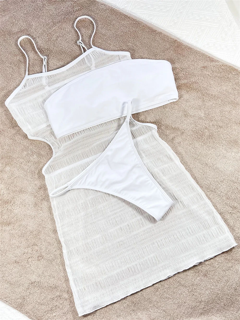 

White Bikinis Sets Bandeau Swimsuit Mesh Sling Bikini Dress Backless Vacation Swimwear Women Y2K Thong Bathing Suit Beach Outfit