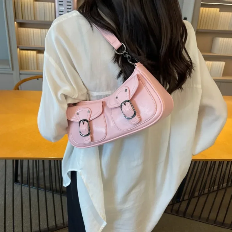 Double Pockets Design Small Leather Underarm Shoulder Bag for Women 2023 Y2K Korean Fashion Luxury Designer Crossbody Bags