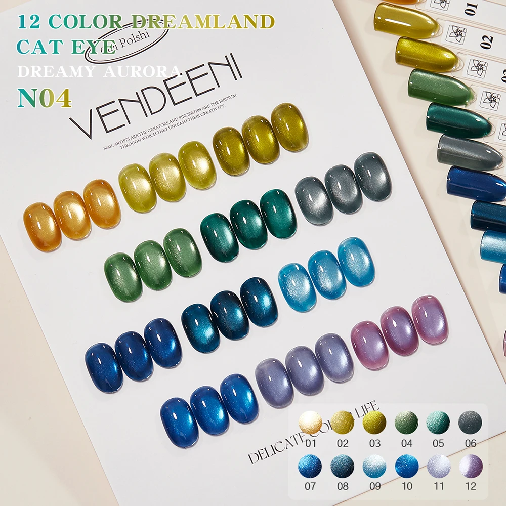 Vendeeni 12 Kleuren/Set Glitter Turquoise Cat Eye Gel Nagellak UV LED Saffierkristal Magnetische Nagellak Met kleurenkaart