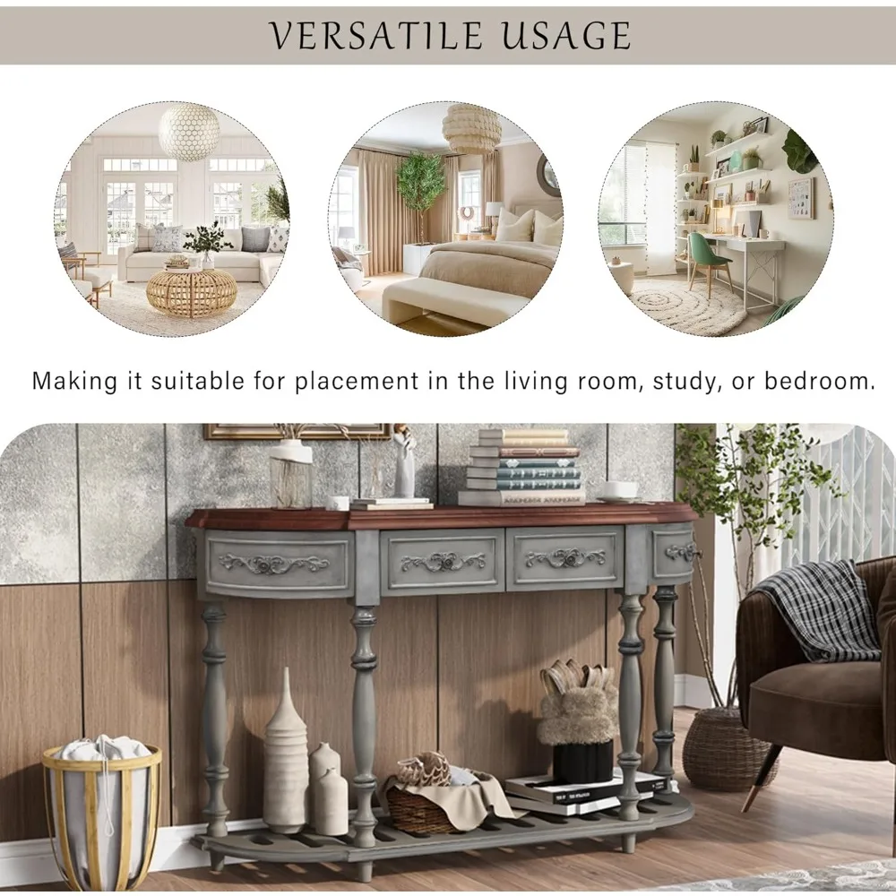 Curved Console Table with 4 Drawers, Retro Sofa Table with Solid Wood Frame and Legs, Half Moon Entry Table for Home Kitchen En
