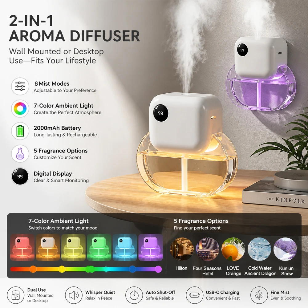 Waterless Essential Oil Diffuser with Colorful Lights 6 Modes 170ml Scent Oils Aromatherapy Diffuser for Home Bathroom Office