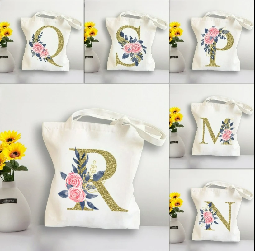 

26 Gold Letter & Flower Pattern Canvas Tote Bag - Stylish Durable Shoulder Bag for Wedding Parties Daily Shopping Commute Travel