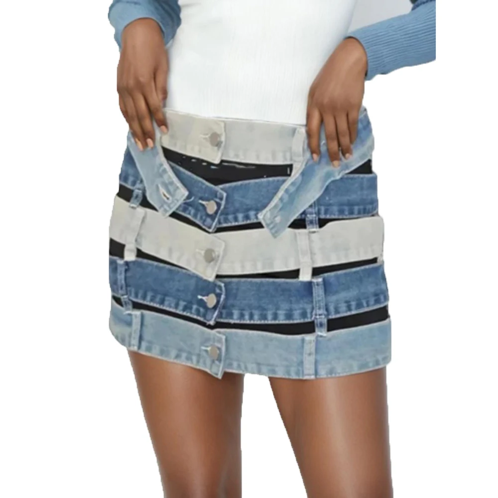 

Женская джинсовая юбка с карманами, ажурная Асимметричная юбка в стиле пэчворк с высокой талией и пуговицами, популярный цвет