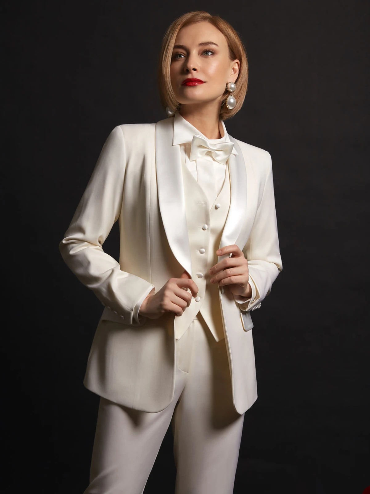 Ivory Satin Women Blazer Suits Slim Fit Street Power Leisure Evening Party Jacket Outfit Wedding Wear 3 Pieces