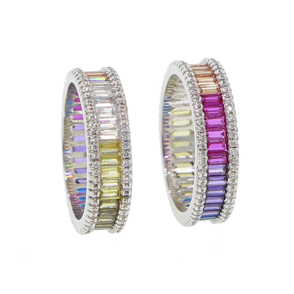 Wholesale Women Band Ring With Silver Color Multi Color Zirconia Wedding Rainbow Cz Ring Paved Colorful Full Cz Stacking Rings