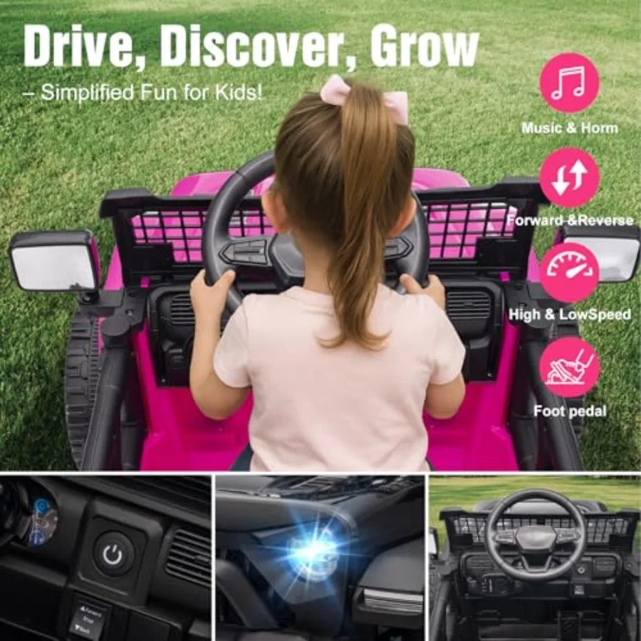 12V電動乗用玩具、親用リモコン付き、幼児用電動カー、スプリングサスペンション、LEDライトと音楽プレーヤー搭載 - 安全バッテリー