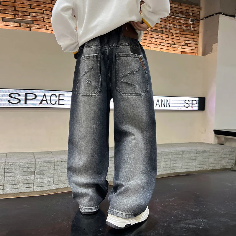 Retro Kids Dark Blue Jeans Pants Boy Elastic Waist Straight Vintage Denim Trousers For Teenager Child 5 6 7 8 9 10 11 13 14 Year
