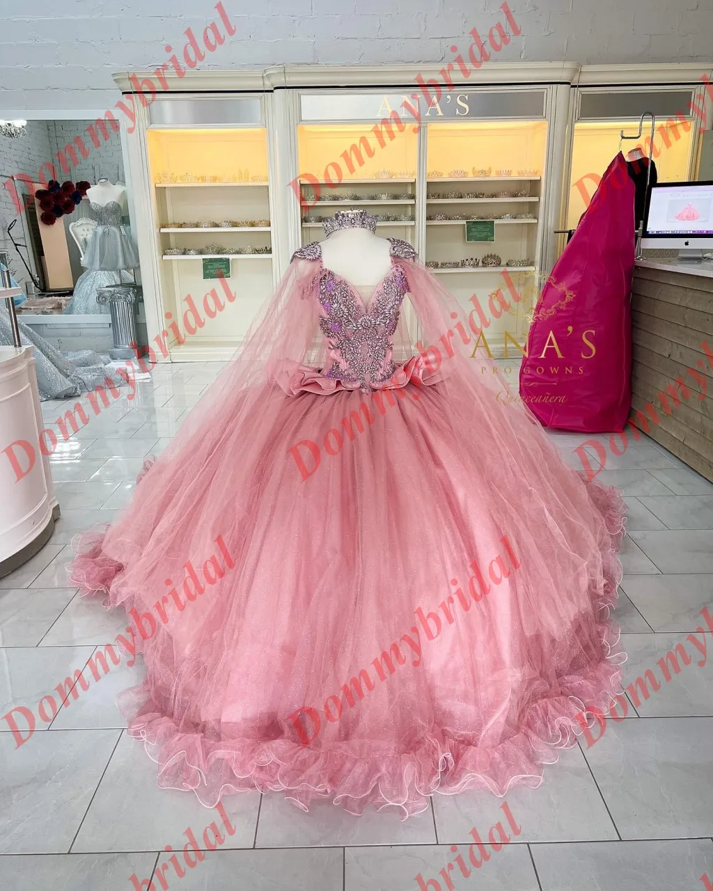 Vintage Dusty Rose Crystal RHinestones Ball Gown Cheap Quinceanera prom Evening Dresses with Cape Robe Tulle Corset Long 2023