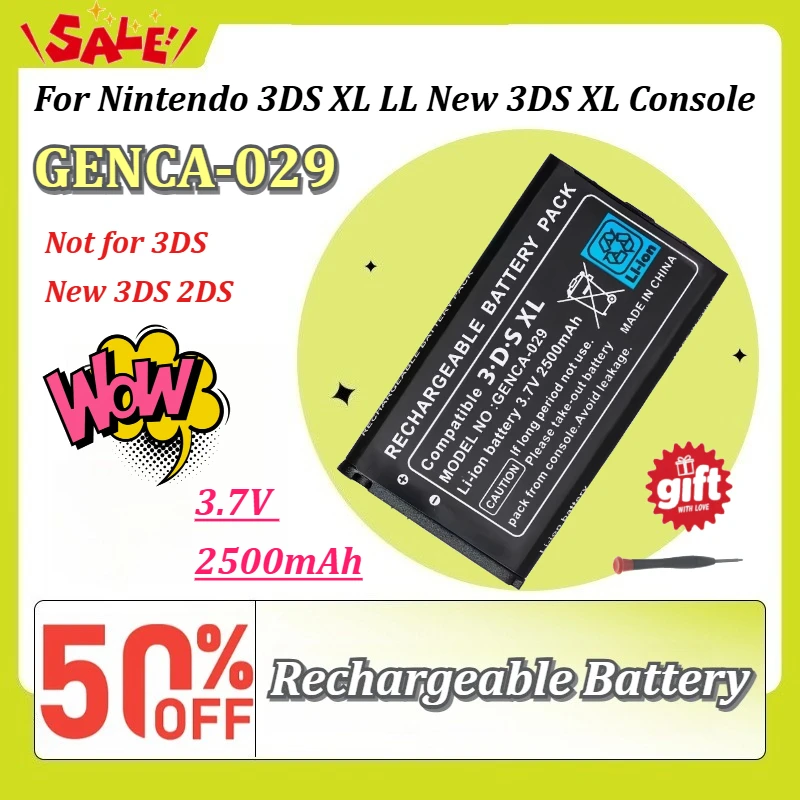 GENCA‑029 3.7V 2500mAh Rechargeable Li‑ion Replacement Battery Pack for Nintendo 3DS XL LL New 3DS XL Console with Screwdriver