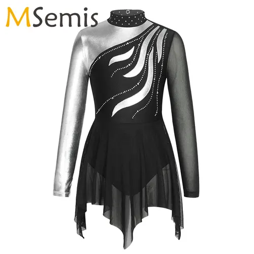 Vestido de leotardo de gimnasia con diamantes de imitación para niñas, sin mangas, empalme de malla, vestido de patinaje sobre hielo, trajes de baile de Ballet