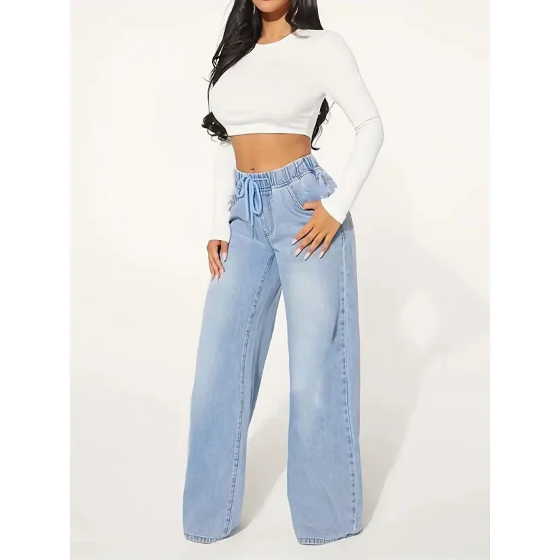 

2025Popular cross-border European and American foreign trade high-waisted fashion drawstring loose wide-leg light blue jeansJEAN