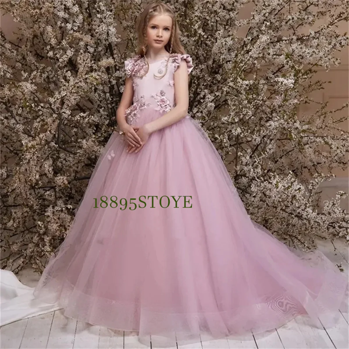 Eegant Tulle Applique Flowert Girl Dress For Wedding Backless Fluffy With Bow Pink Child First Eucharistic Birthday Party Dress