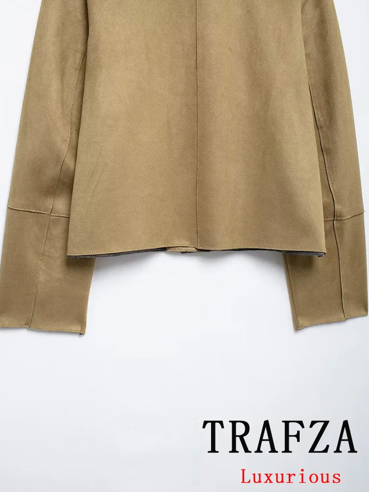 TRAFZA Vintage Chic Kurtki damskie Khaki Solidny długi rękaw Jednorzędowe kieszenie Krótkie płaszcze Nowa moda 2024 Jesienna odzież wierzchnia