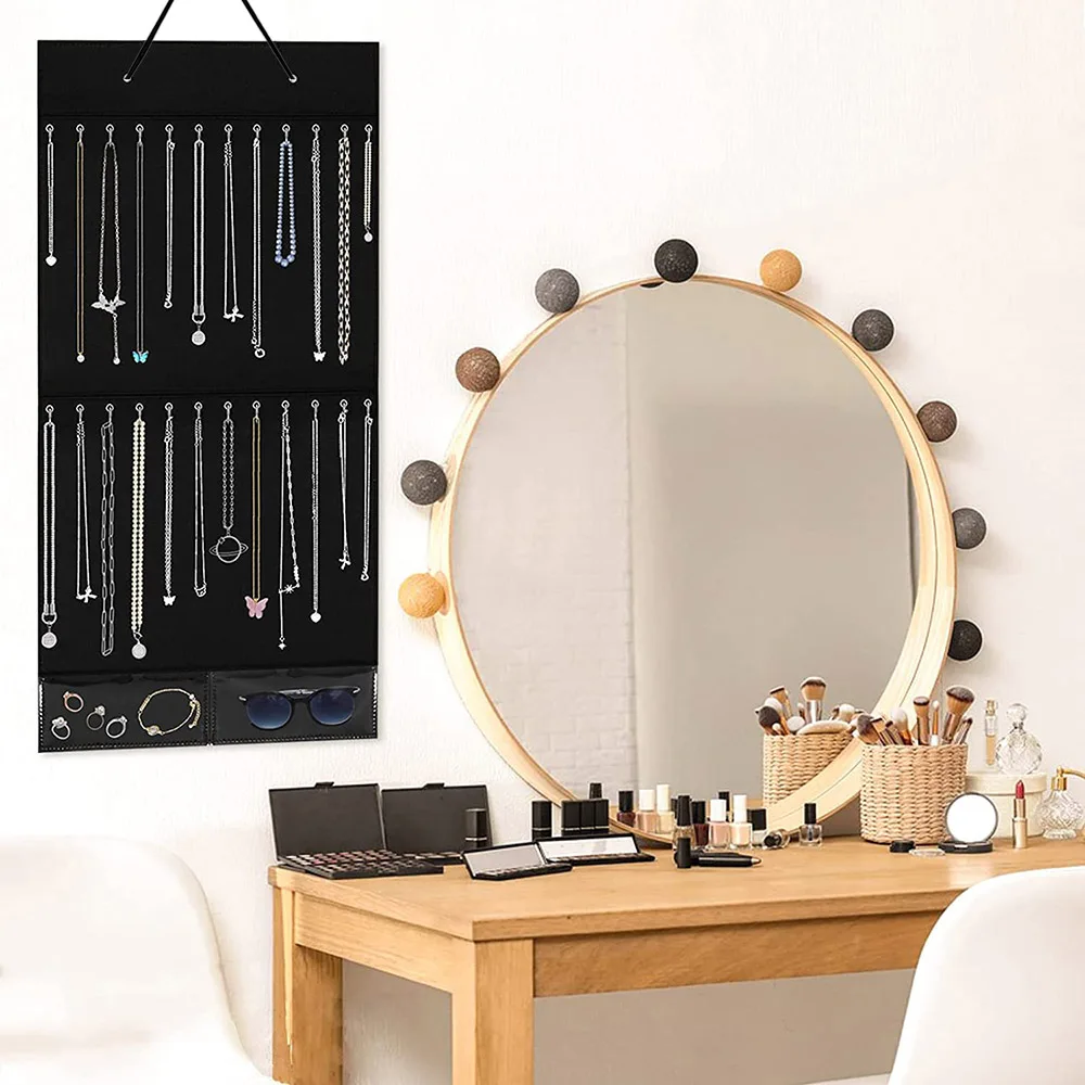 Necklace Organizer Hanging Jewelry Organizer Felt Decorative Wall Mounted Earrings Bracelet Storage Display Holder with 24 Hooks