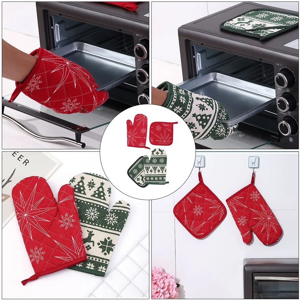 

2Sets Oven Gloves Microwave Mitts Heat Resistant Heat Insulation Pads Non Slip Baking Cooking Kitchen Gloves Christmas Design