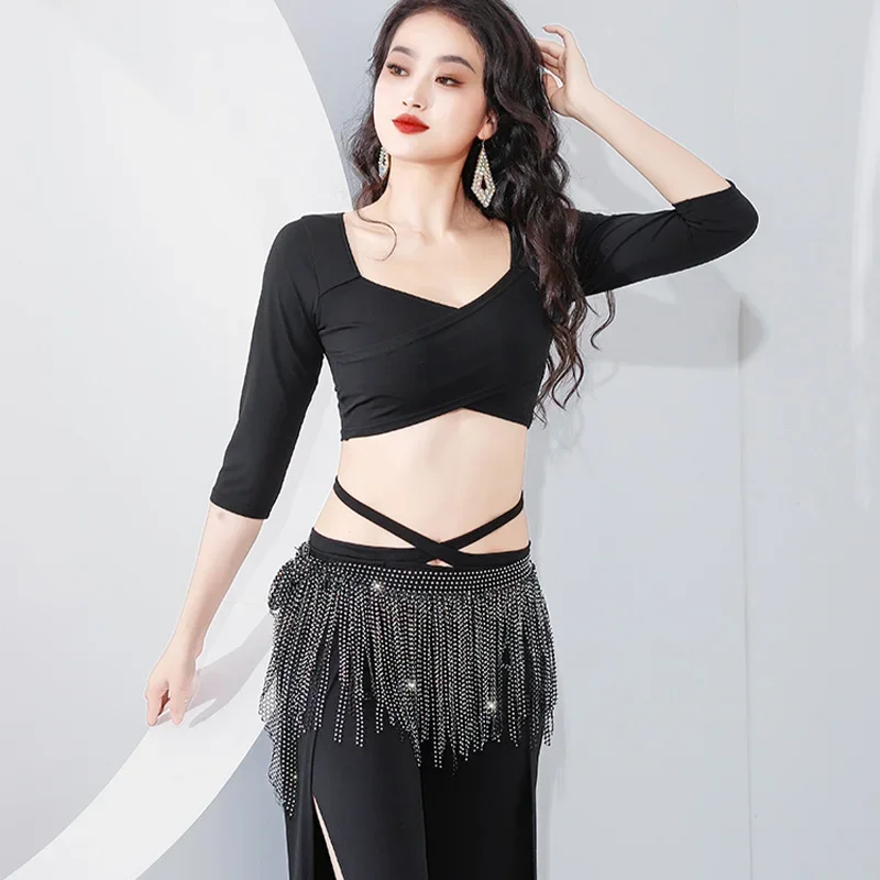 Belly Dancing Performance Belt for Women Senior Full Diamond Triangle Tassel Hip Scarf Oriental Dance Competition Accessories