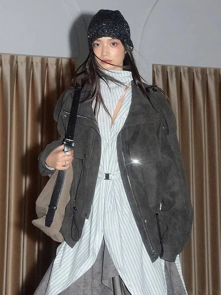 

HUISONG серая матовая куртка из искусственной кожи большого размера на шнурке, новое женское пальто с лацканами и длинными рукавами, модное пальто, весна-осень 2025