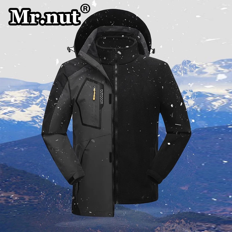 

Mr.nut Autumn Winter Men's Outdoor Jackets 3-in-one Windbreak Jacket 2 Piece Set Mountaineering Suit Detachable Fleece Lining