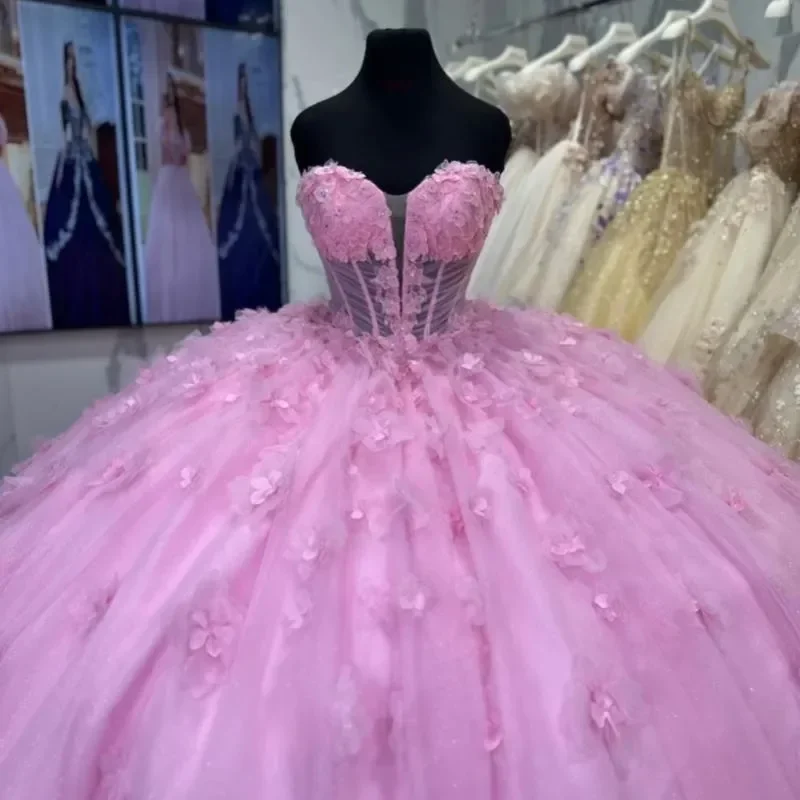 Блестящие иллюзионные розовые платья Quinceanera с открытыми плечами и цветочным шаром, тюлевой корсет для девочек, милое платье 16, Vestido De 15 Anos