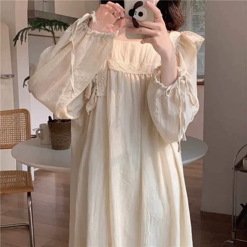 Vintage Women\'s Sleepwear Princess Dress Royal Style Cotton Square Neck Pajamas Sleepshirts Hollow out Lace Nightgowns Nightwear