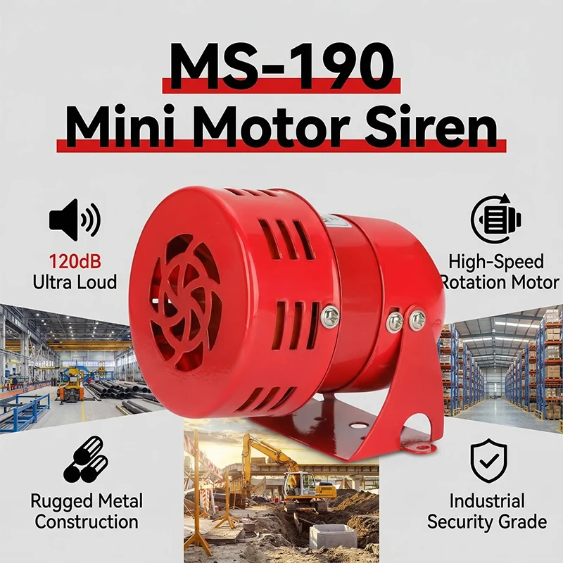 Powerful 120dB Mini Motor Siren MS-190, Metal Horn Alarm 220V, Industrial Rotating Warning Light/Siren with Screw Mount