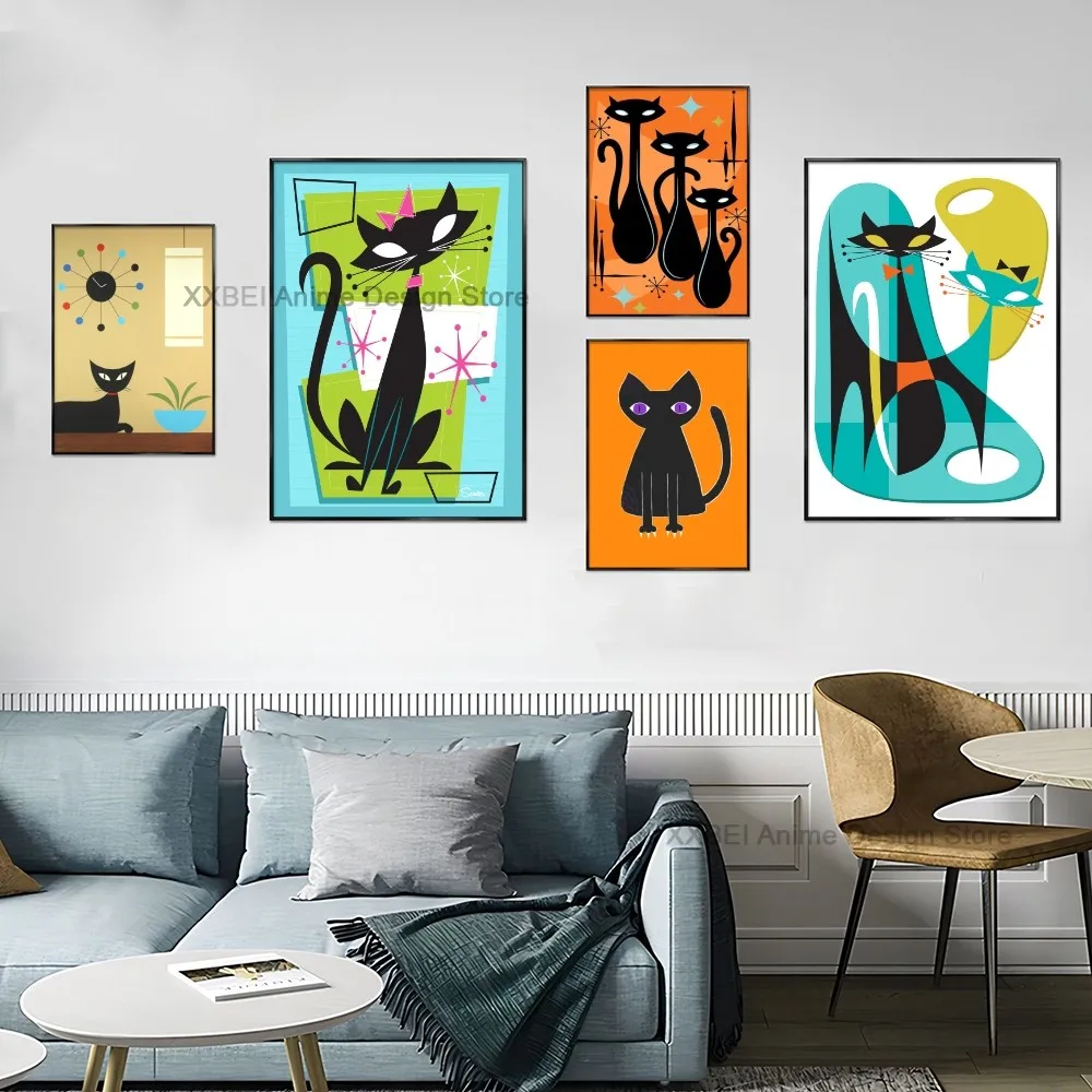 1pc HD Indoor Home Wall Art Decoration Mid Century Black Cat Poster Bedroom Bedside Sticker Hotel Cafe Studio Hanging Painting