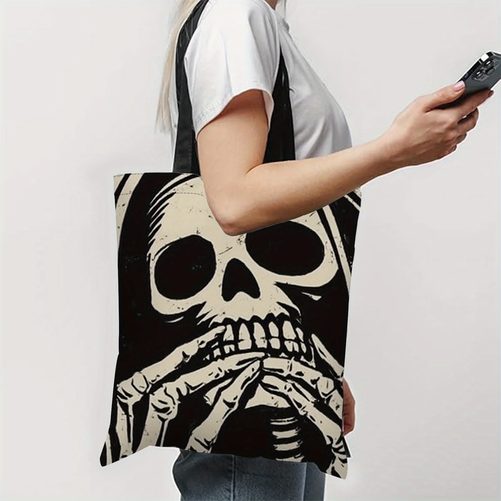 Humorous Halloween Hippie Gothic Black Eerie Skulls Frightening Skeleton Tote Bag Reusable Shopping Bags Travel Shoulder Handbag