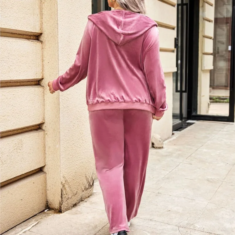 ชุดลำลองสองชิ้นสำหรับผู้หญิง เสื้อแจ็คเก็ตมีฮู้ดแบบซิป สีพื้น ทรงหลวม + เสื้อสเวตเชิ้ตแบบมีเชือกผูกเอว ชุดวอร์มสำหรับผู้หญิง