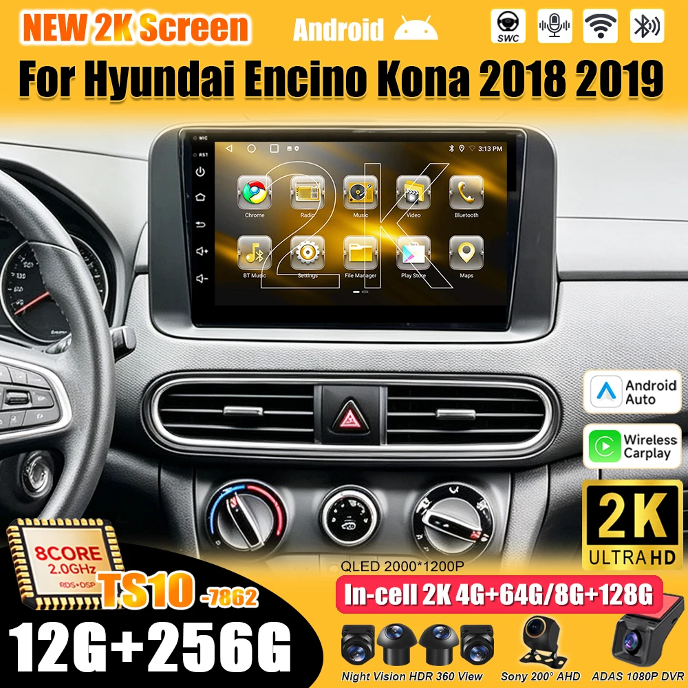 Android 16 For Hyundai Encino Kona 2018 2019 Car Radio Stereo Head Unit Multimedia Video Player GPS Navigation 2K QLED 9 inch 5G