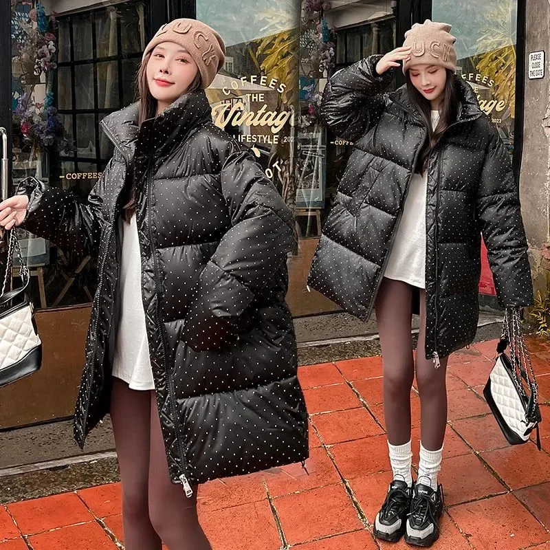 2024 New Winter Thick Warm Parkas Women Fashion Long Down Coats Women Elegant Zipper Wave Spot Cotton Jackets Female Ladies