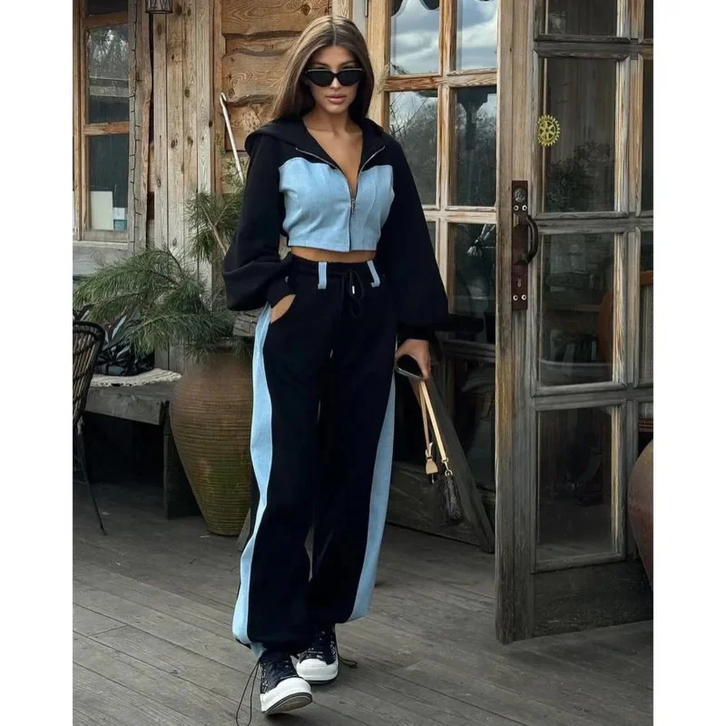 Casual Contrast Hoodies Pants 2 Piece Sets Women Slim Zipper Short Hooded Coats Lace Up Wide Leg Pant 2025 New Fashion Tracksuit