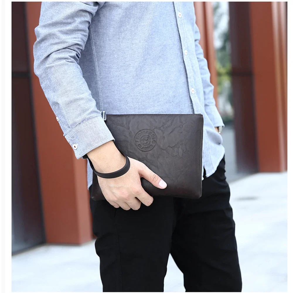 Clutch de couro PU estilo empresarial para homens, bolsa feminina masculina, bolsas elegantes de mão de lazer, bolsa macia e elegante, carteira grande, nova