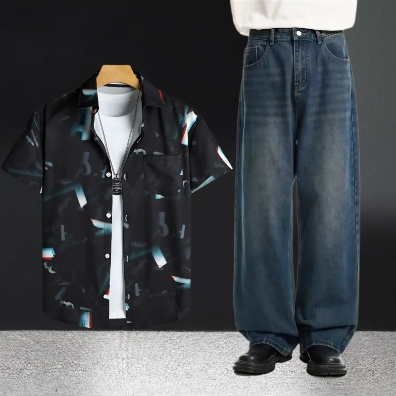 طقم قمصان جينز صيفية كاجوال للرجال بأكمام قصيرة مع ملابس جينز رفيعة ومريحة