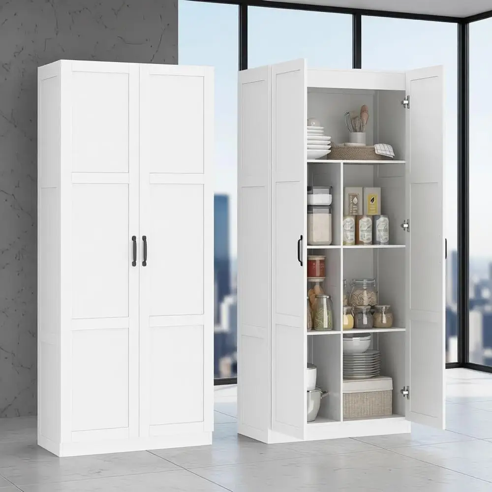 

Высокий отдельностоящий кухонный шкаф-панилерка 71 дюйм с петлями с мягким закрыванием, 2 дверцами, 4 регулируемыми полками, белый