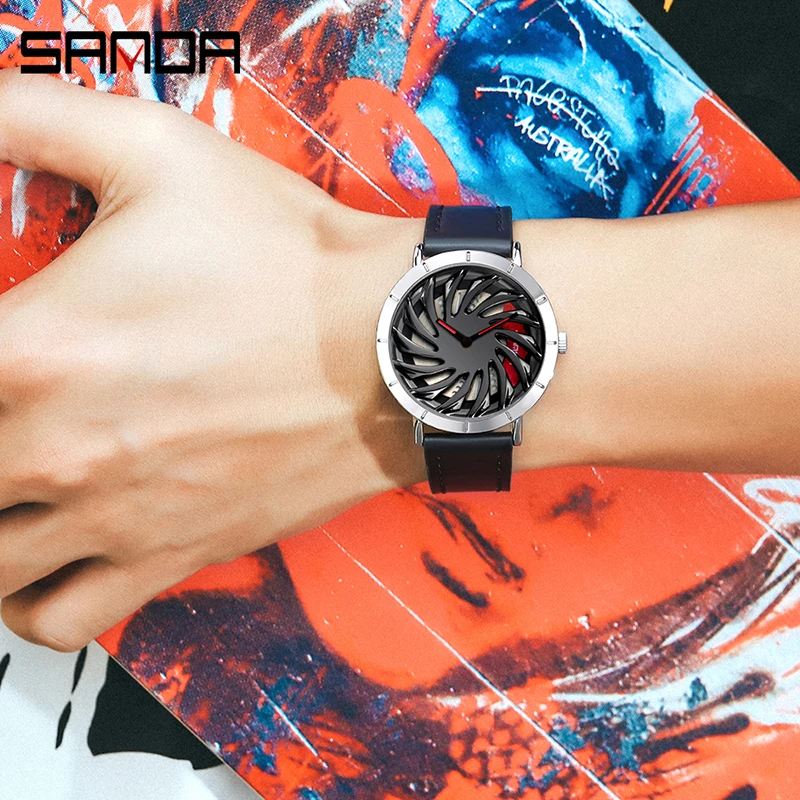 SANDA P1056 Fashion Design Watches Super Car Rim Wheel Waterproof Creative Genuine Leather Strap Men\'s Watch Relogio Masculino