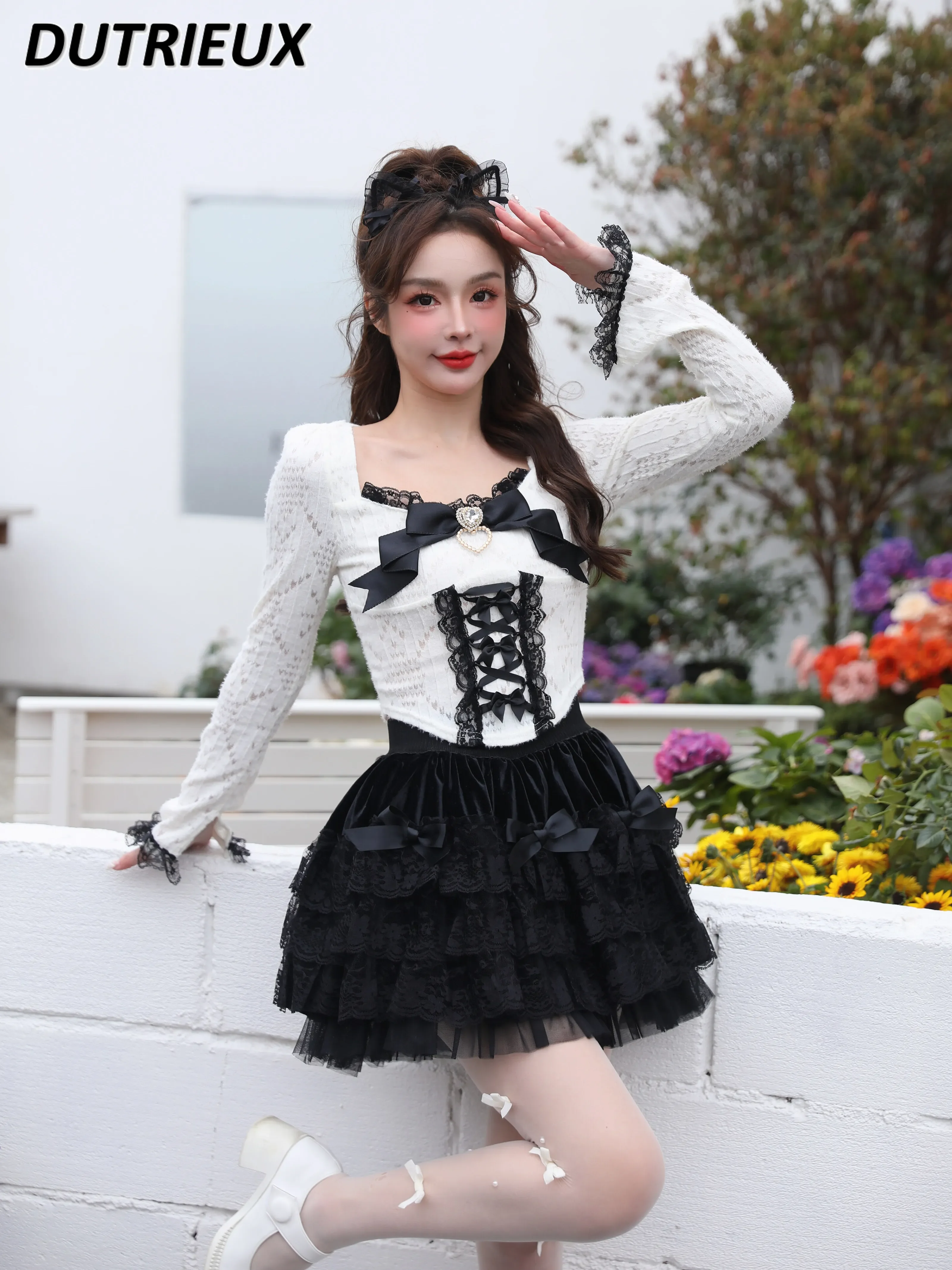 

Lolita Sweet Girl Long Sleeve T-shirt Bow Love Diamond Cross Lace-up Kawaii Clothes Cutout Lace Trim Slim Slimming Short Top