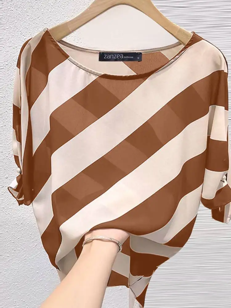 ZANZEA Women Fashion Stripe Tunic Tops Summer Loose Short Sleeve Tops Korean Harajuku Oversized Blouse Casual Streetwear Shirt