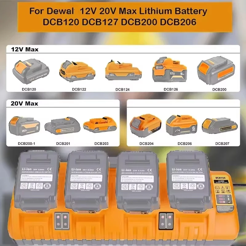 Battery Charger 4-Port 3A Current For D-ewalt 10.8V 12V 14.4V 18V 20V FlexVolt 20V 60V DCB127 DCB105 DCB118 DCB112 DCB104