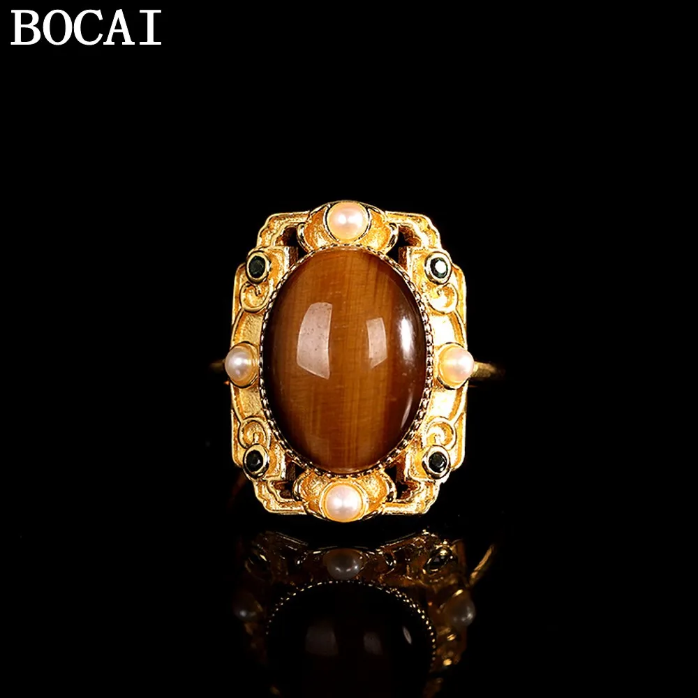 

BOCAI NEW S925 Sterling Silver Simple And Fashionable Gold-plated Inlaid Tiger Eye Stone Open Ring Women's Style