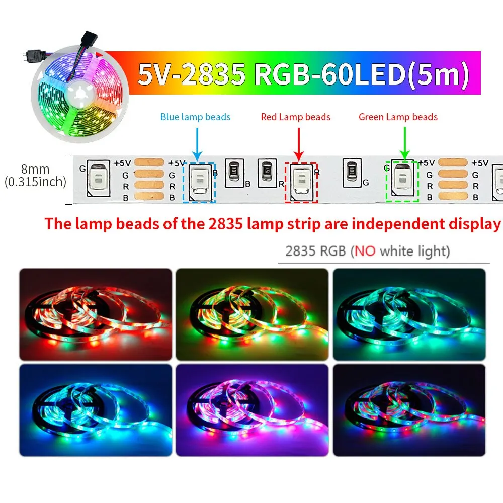 5M USB LED 스트립 조명, RGB 2835 60 LED 블루투스 앱 제어, 유연한 다이오드 장식, 거실 램프 리본