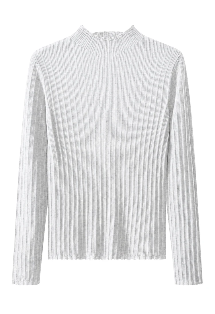 BL3621732 Damen-Pullover mit Stehkragen aus Wollmischung, Lurex, gerippt, langärmelig, mit Wellenkragen, seitlicher Kette und metallischem Glanz für den Herbst – Detail 17